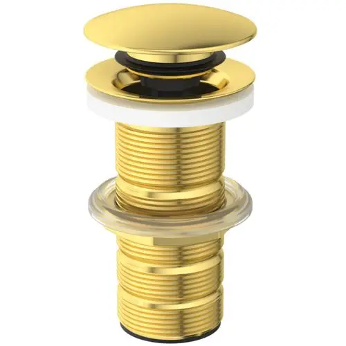 Push-Open-Abfluss für Waschtisch ohne Überlauf in gebürstetem Gold, hergestellt von Ideal Standard. Zeigt eine glänzende Oberfläche und einfachen Mechanismus zur Wasserentleerung.
